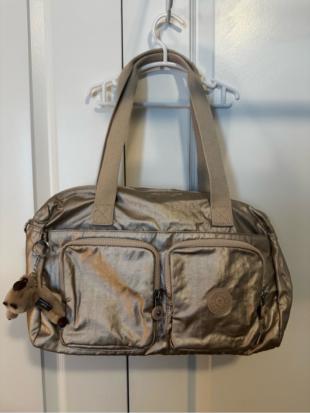 Kipling Metallic Gold Tote Bag with Front Pockets